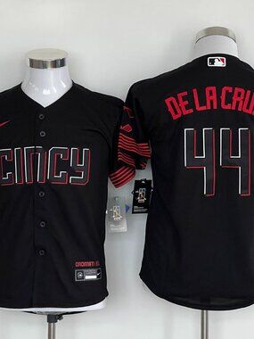 "CINCY" Black Baseball Shirt - Elly De La Cruz #44 - Stitched